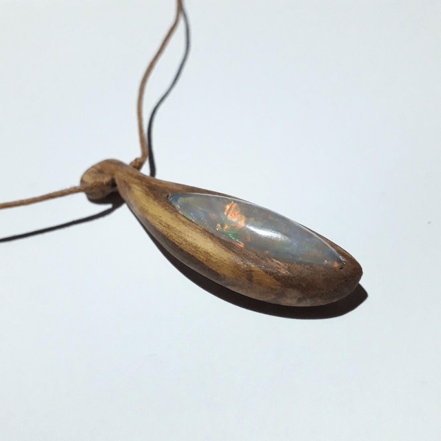 Ethiopian Opal Necklace With Hand Carved Palo Santo Wood 