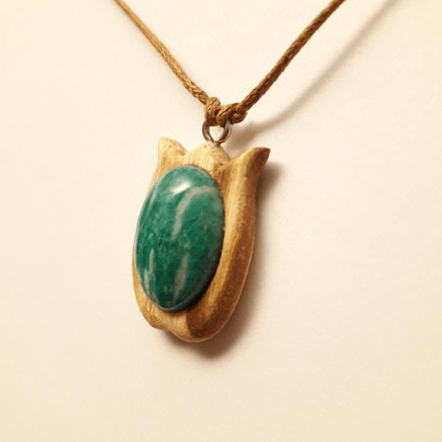 Amazonite Necklace with Hand Carved Palo Santo Wood 