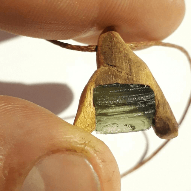 Moldavite Necklace with Hand Carved Palo Santo Wood 