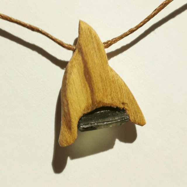 Moldavite Necklace with Hand Carved Palo Santo Wood 