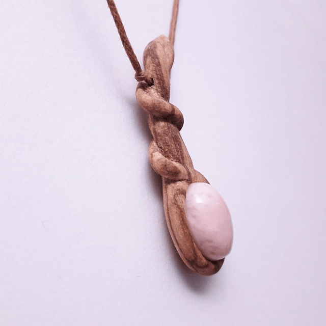 Pink Opal Necklace with Hand Carved Palo Santo Wood 