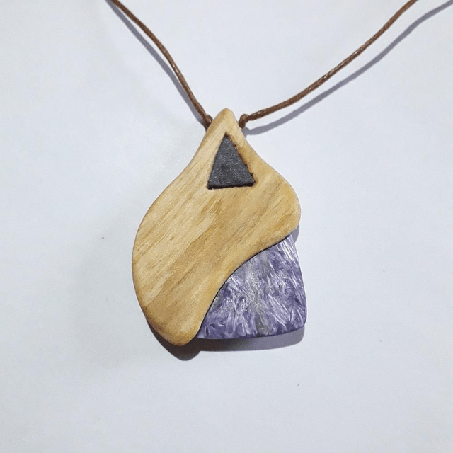  Charoite Necklace with Mother of Pearl caboshon & Hand Carved Palo Santo Wood 