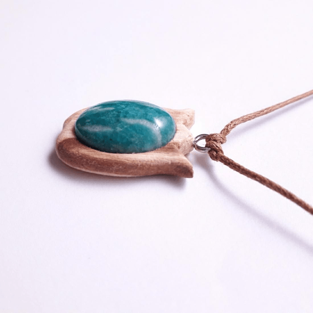 Amazonite Necklace with Hand Carved Palo Santo Wood 