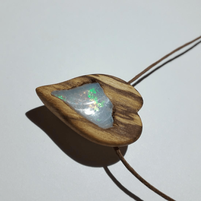 Rough Ethiopian Noble Opal Necklace With Hand Carved Palo Santo Wood 