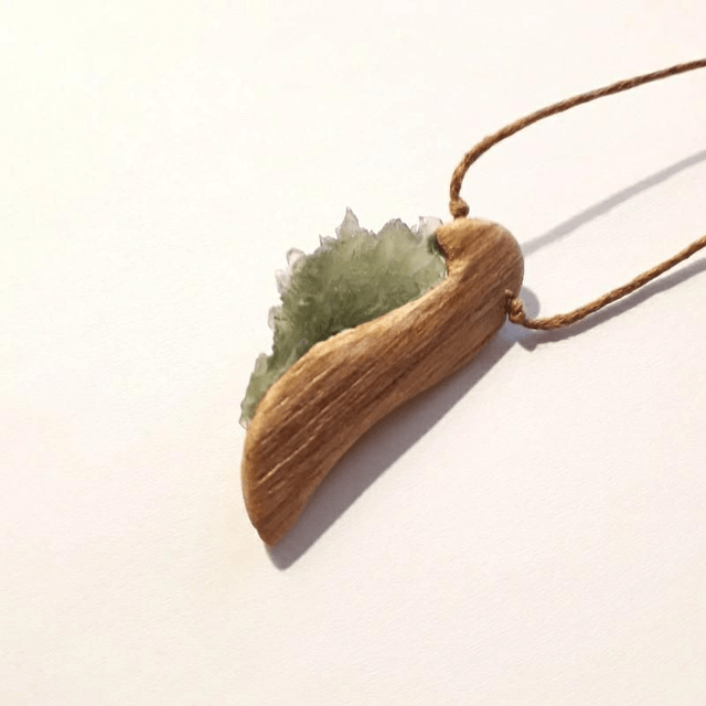 Moldavite Angelwing Necklace with Hand Carved Palo Santo Wood 