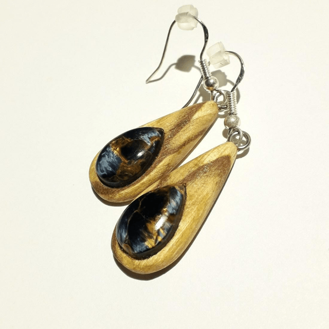 Pietersite Earrings with Hand Carved Palo Santo Wood 