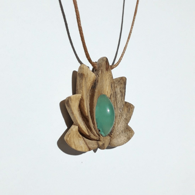  Hand Carved Palo Santo Wooden Lotus Flower Necklace With Chrysoprase 