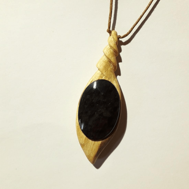 Manto Huichol Obsidian Necklace With Hand Carved Palo Santo Wood 
