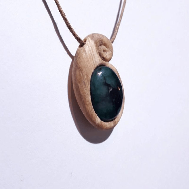 Emerald Necklace with Hand Carved Palo Santo Wood 
