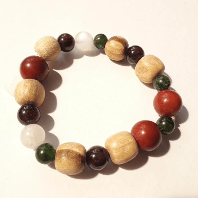 Chrome Diopside, Moonstone, Garnet, Coral & Palo Santo Bracelet 