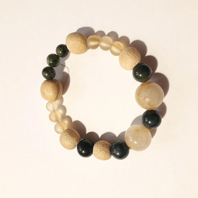 Rutil Quartz, Prehnite, Heliotrop ( Chrome Diopside) & Palo Santo Bracelet 