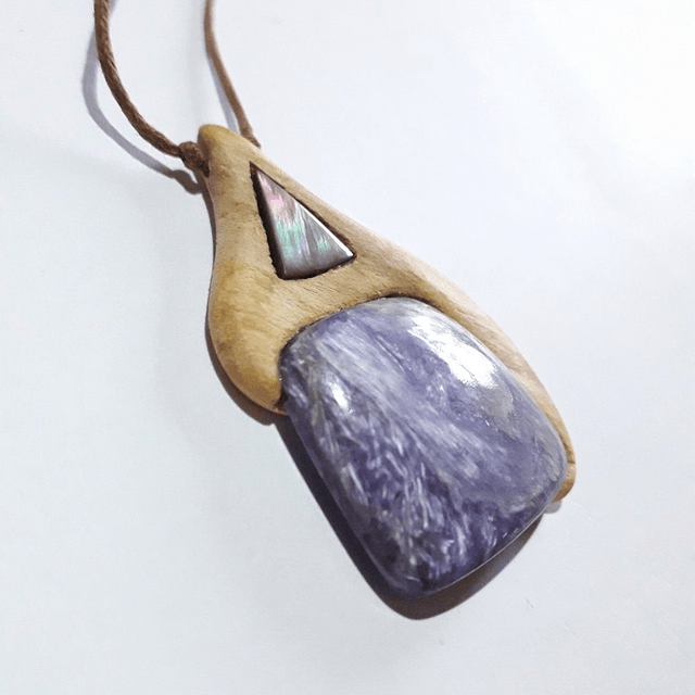  Charoite Necklace with Mother of Pearl caboshon & Hand Carved Palo Santo Wood 