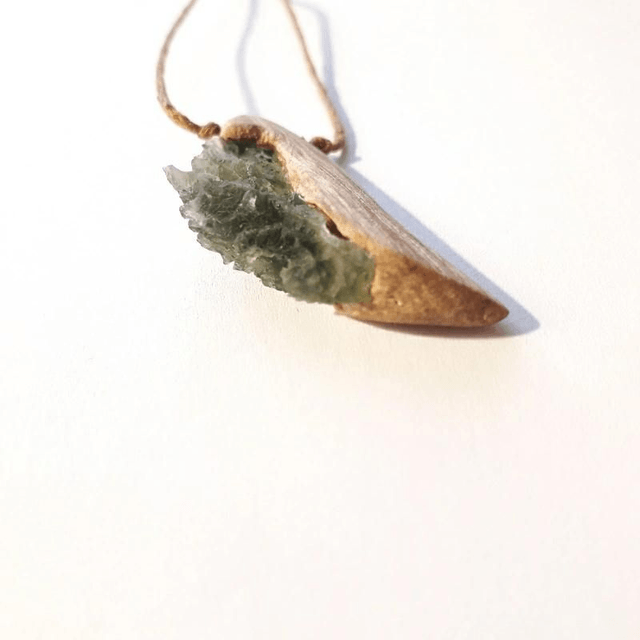 Moldavite Angelwing Necklace with Hand Carved Palo Santo Wood 