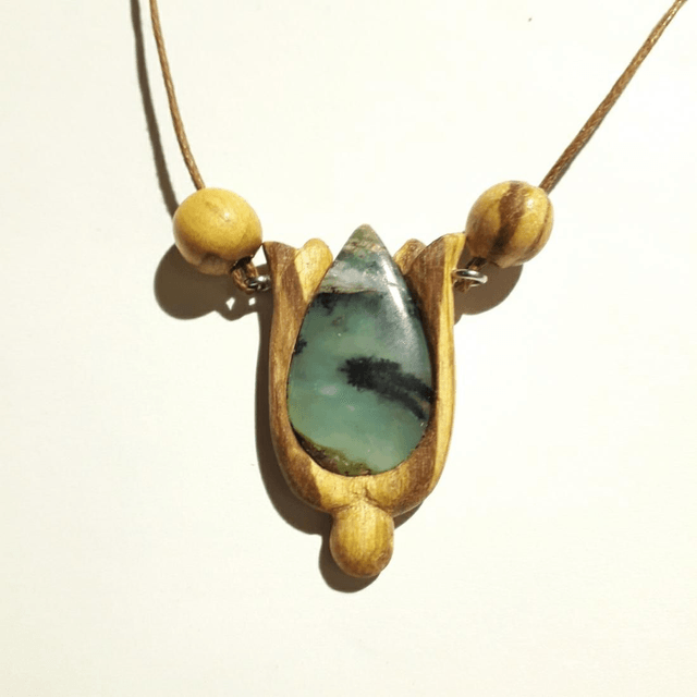 Peruvian Blue Opal Necklace With Hand Carved Palo Santo Wood 