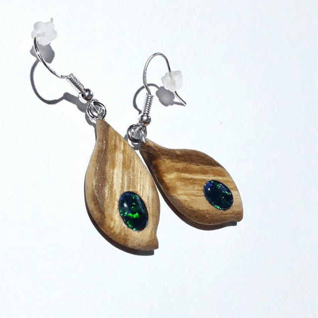Lightning Ridge Opal Triplet Earrings with Hand Carved Palo Santo Wood 
