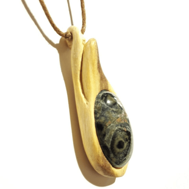 Kambaba Jasper Necklace With Hand Carved Palo Santo Wood 