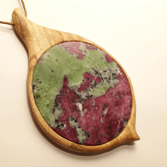 Ruby-Zoisite Necklace with Hand Carved Palo Santo Wood 