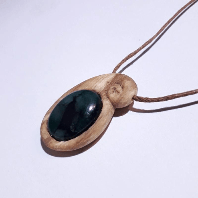 Emerald Necklace with Hand Carved Palo Santo Wood 