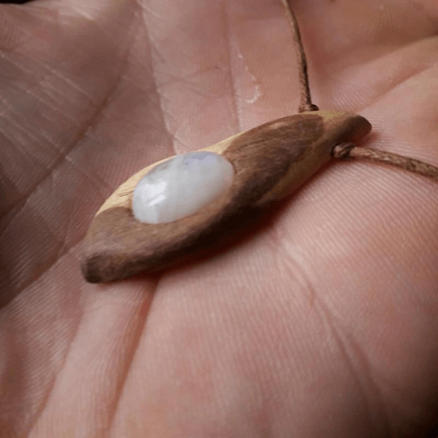 Rainbow Moonstone Necklace with Hand Carved Palo Santo Wood 
