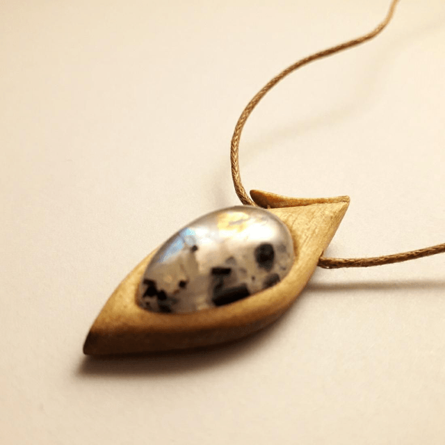 Rainbow Moonstone Necklace With Hand Carved Palo Santo Wood 