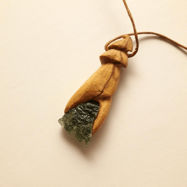 Moldavite Necklace with Hand Carved Palo Santo Wood 