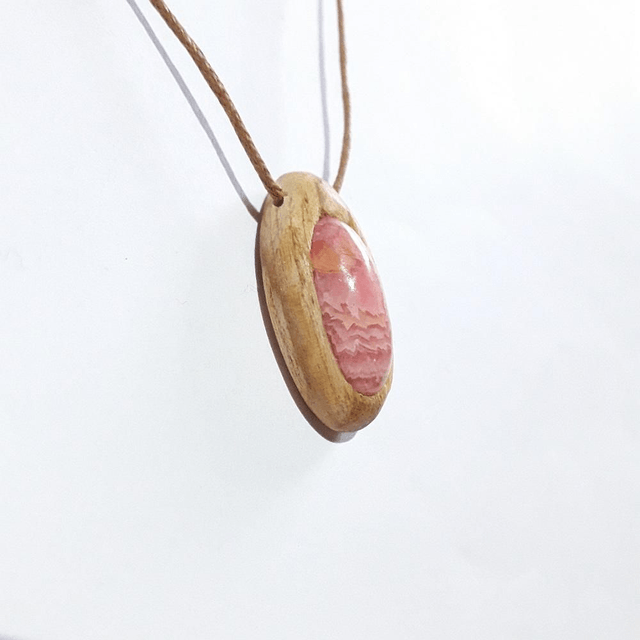 Rodocrosite Necklace with hand carved Palo Santo wood 