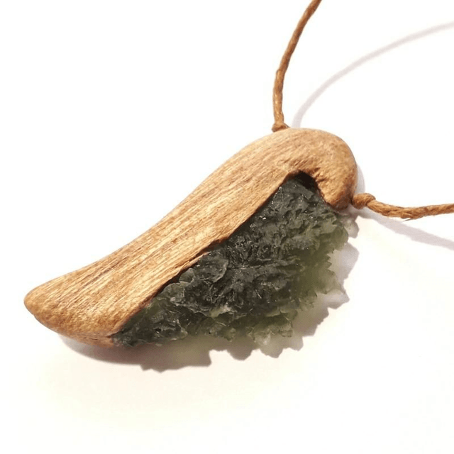Moldavite Angelwing Necklace with Hand Carved Palo Santo Wood 