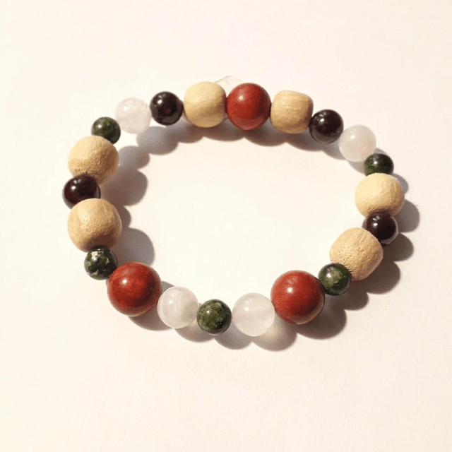 Chrome Diopside, Moonstone, Garnet, Coral & Palo Santo Bracelet 