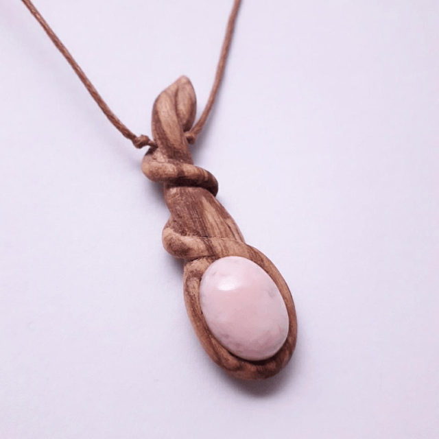 Pink Opal Necklace with Hand Carved Palo Santo Wood 