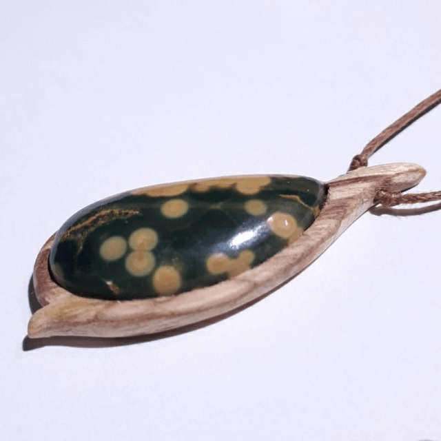 Ocean Jasper Necklace with Hand Carved Palo Santo Wood 