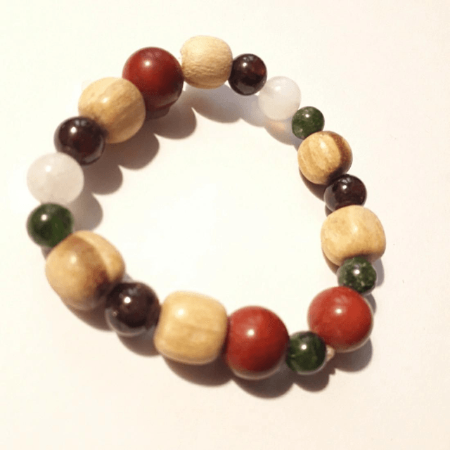 Chrome Diopside, Moonstone, Garnet, Coral & Palo Santo Bracelet 