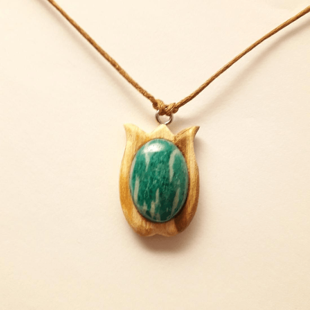 Amazonite Necklace with Hand Carved Palo Santo Wood 