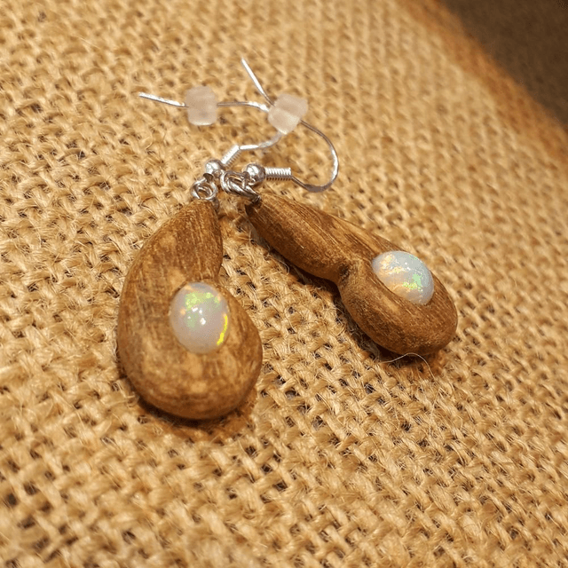 Ethiopian Opal Earring with Hand Carved Palo Santo Wood 
