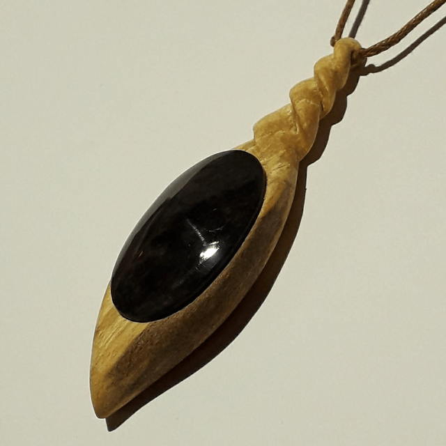 Manto Huichol Obsidian Necklace With Hand Carved Palo Santo Wood 