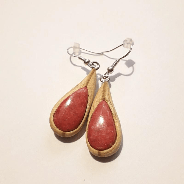 Thulite Earrings with Hand Carved Palo Santo Wood 