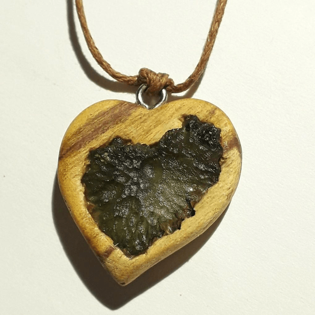 Moldavite Hearth Necklace with Hand Carved Palo Santo Wood 