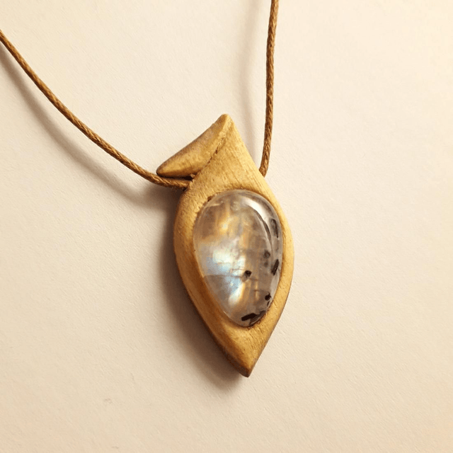 Rainbow Moonstone Necklace With Hand Carved Palo Santo Wood 