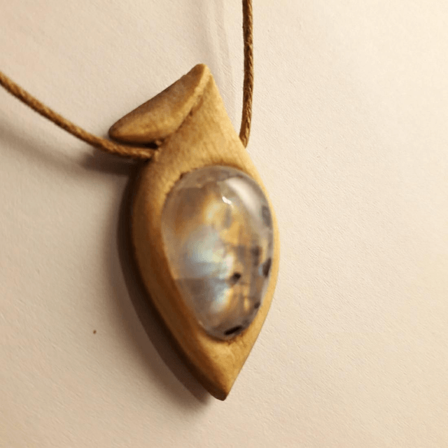 Rainbow Moonstone Necklace With Hand Carved Palo Santo Wood 