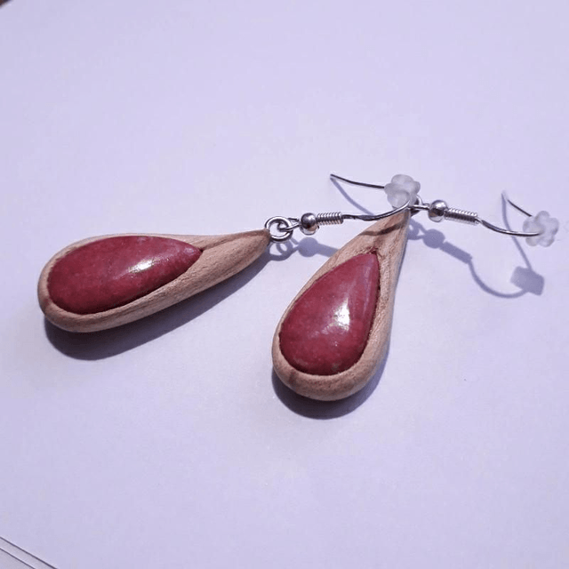 Thulite Earrings with Hand Carved Palo Santo Wood 