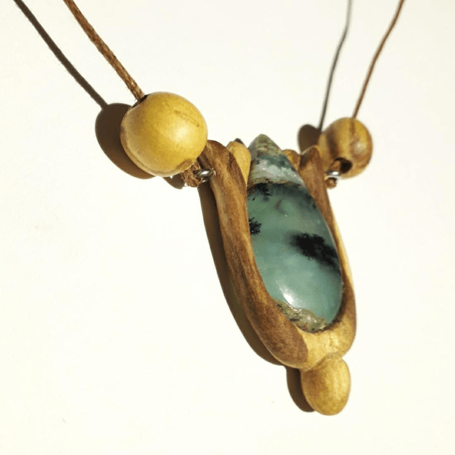 Peruvian Blue Opal Necklace With Hand Carved Palo Santo Wood 