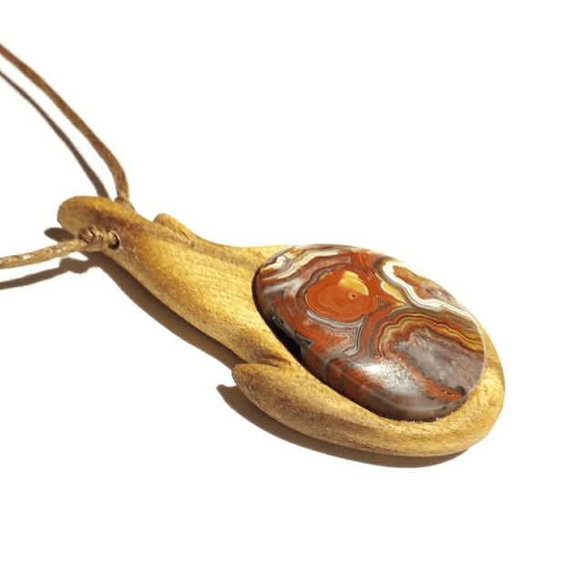 Crazy Lace Agate Necklace With Hand Carved Palo Santo Wood  (1)