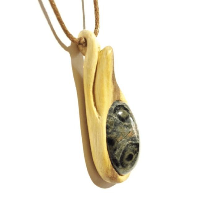 Kambaba Jasper Necklace With Hand Carved Palo Santo Wood 