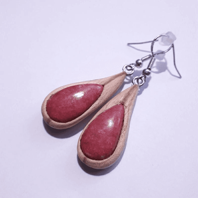 Thulite Earrings with Hand Carved Palo Santo Wood 