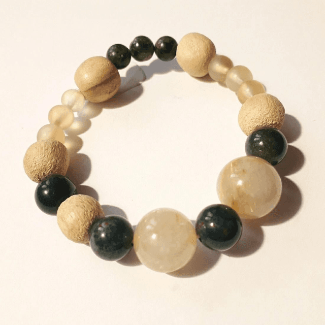 Rutil Quartz, Prehnite, Heliotrop ( Chrome Diopside) &amp; Palo Santo Bracelet 