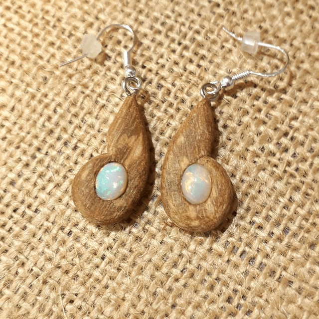 Ethiopian Opal Earring with Hand Carved Palo Santo Wood 