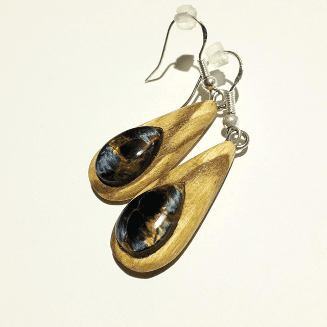 Pietersite Earrings with Hand Carved Palo Santo Wood 
