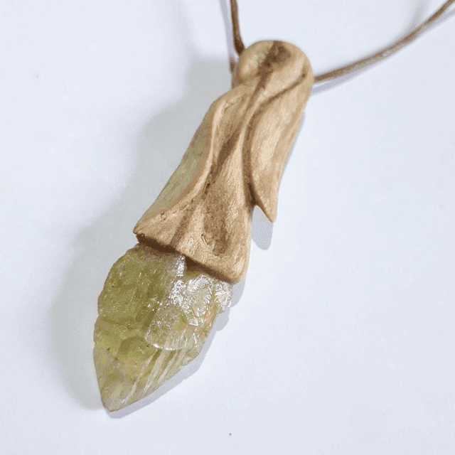 Brazilianite Necklace with hand carved Palo Santo wood 